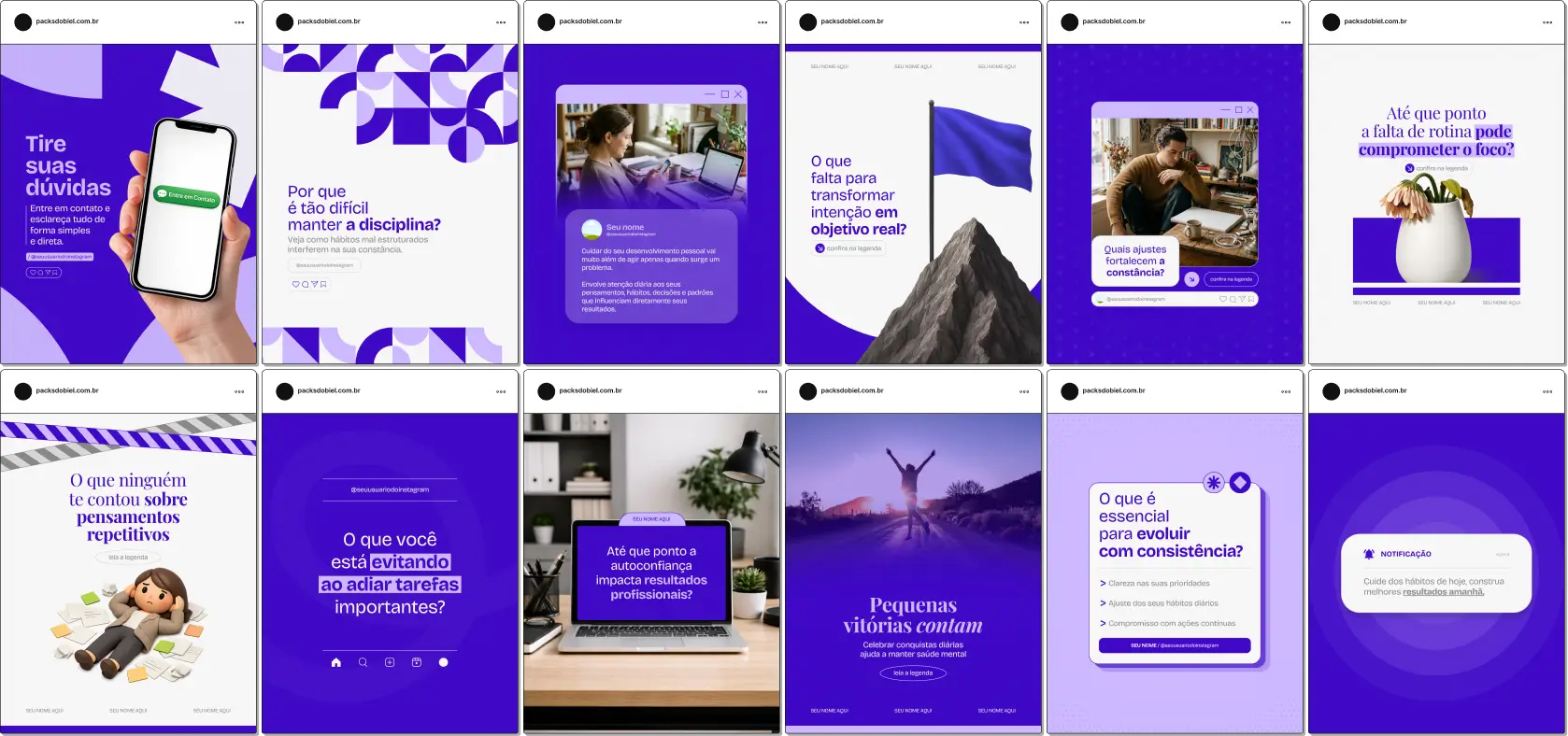 Pack de posts editáveis no Canva para coaches que desejam criar conteúdos sobre desenvolvimento pessoal, metas, produtividade, foco e mudança de mentalidade, mantendo um feed organizado e profissional no Instagram.