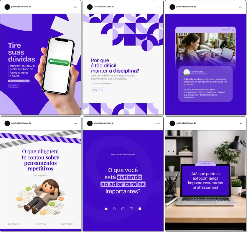 Pack de templates editáveis no Canva para coaches de vida e carreira, criado para facilitar conteúdos sobre planejamento de objetivos, crescimento pessoal, mindset de sucesso e tomada de decisão, com comunicação visual consistente e atrativa.