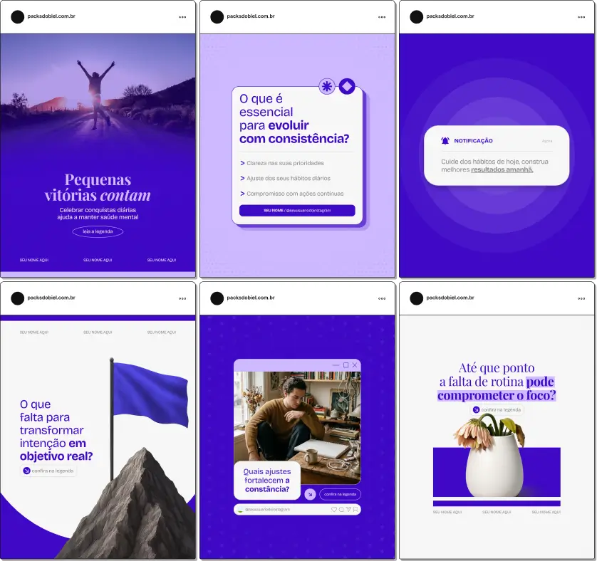 Pack de artes editáveis no Canva para profissionais de coaching, ideal para quem produz conteúdo sobre autoconhecimento, disciplina, hábitos, inteligência emocional e performance, transmitindo autoridade e clareza na comunicação.
