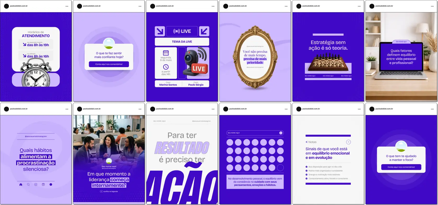 Pack de posts editáveis no Canva para coaches que trabalham com alta performance, voltado para temas como foco, rotina, produtividade, crenças limitantes e superação de desafios, ajudando a engajar e educar o público.