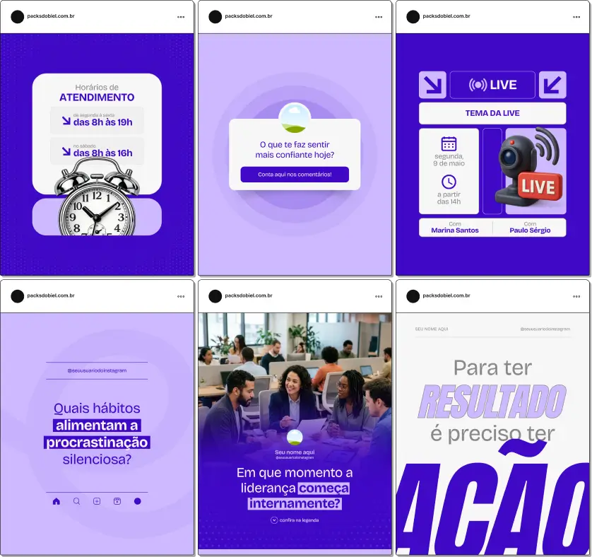 Pack de templates editáveis no Canva para coaches e mentores, desenvolvido para criar conteúdos sobre metas, disciplina, mentalidade, crescimento e evolução pessoal, mantendo um perfil organizado e profissional.