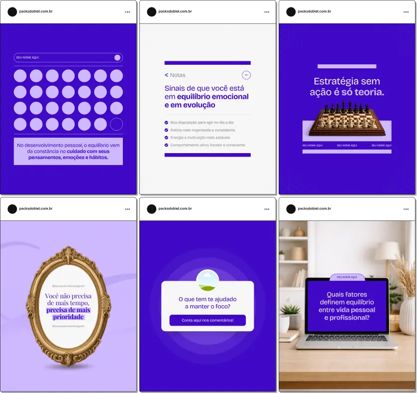 Pack de artes editáveis no Canva para profissionais de coaching, ideal para conteúdos sobre transformação pessoal, hábitos saudáveis, organização mental e estratégias para alcançar resultados, transmitindo credibilidade no Instagram.