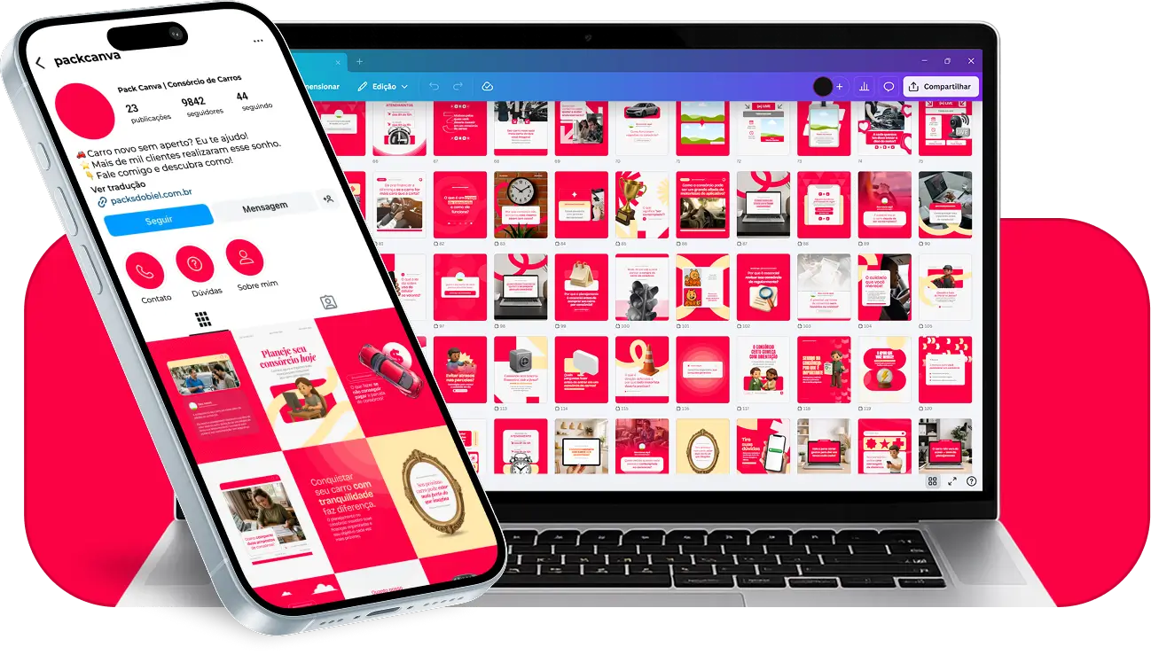 Pack de artes editáveis no Canva para profissionais que trabalham com consórcio automotivo, perfeito para conteúdos sobre lance, prazo, valor de parcelas, crédito para compra de carro e educação financeira, com comunicação clara e atrativa para clientes.