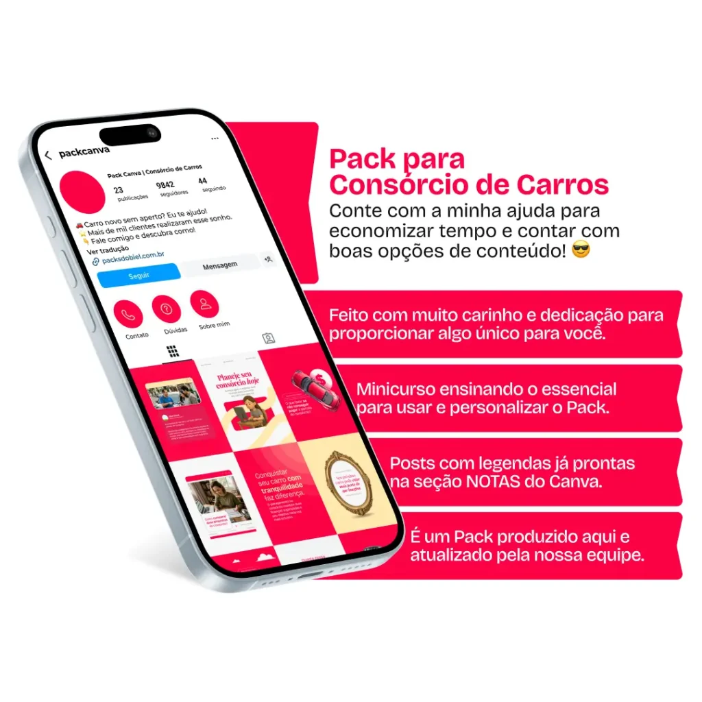 Pack de templates editáveis no Canva para corretores de consórcio de veículos, criado para facilitar posts sobre vantagens do consórcio, comparação com financiamento, organização financeira e conquista do carro próprio, com um feed visualmente coerente e confiável.