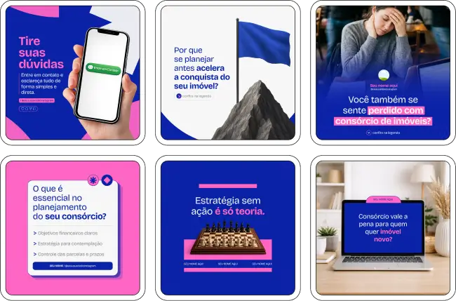 Pack de artes editáveis no Canva para profissionais que trabalham com consórcio de imóveis, ideal para quem produz conteúdo sobre investimento imobiliário, compra sem juros, consórcio imobiliário e educação financeira, transmitindo credibilidade e clareza visual.