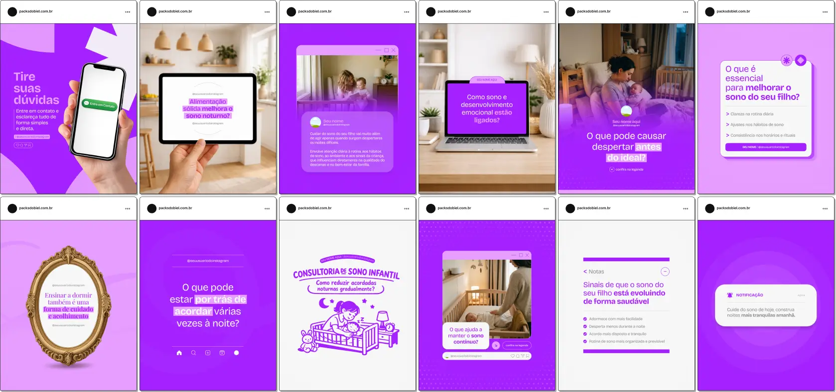 Pack de posts editáveis no Canva para consultoras de sono infantil que desejam criar conteúdos sobre rotina do bebê, associação de sono, regressão do sono e hábitos saudáveis, mantendo um feed organizado e profissional no Instagram.