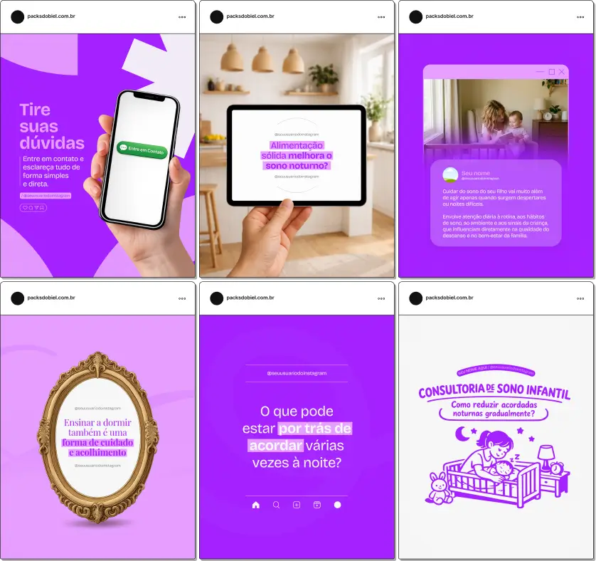 Pack de templates editáveis no Canva para consultoras de sono, criado para facilitar conteúdos sobre rotina noturna, independência do sono, fases do desenvolvimento do bebê e estratégias para melhorar o sono infantil, com comunicação visual educativa e consistente.