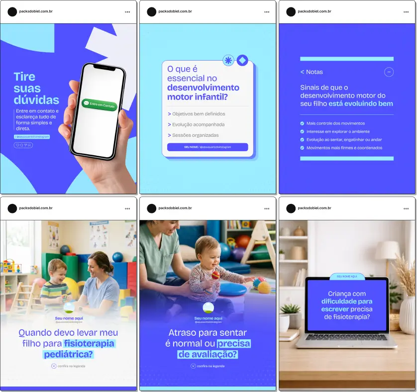 Pack de posts editáveis no Canva para fisioterapeutas pediátricos que desejam explicar desenvolvimento motor infantil, atraso motor, estímulos, marcos do desenvolvimento e orientações para pais, mantendo um feed organizado e profissional no Instagram.
