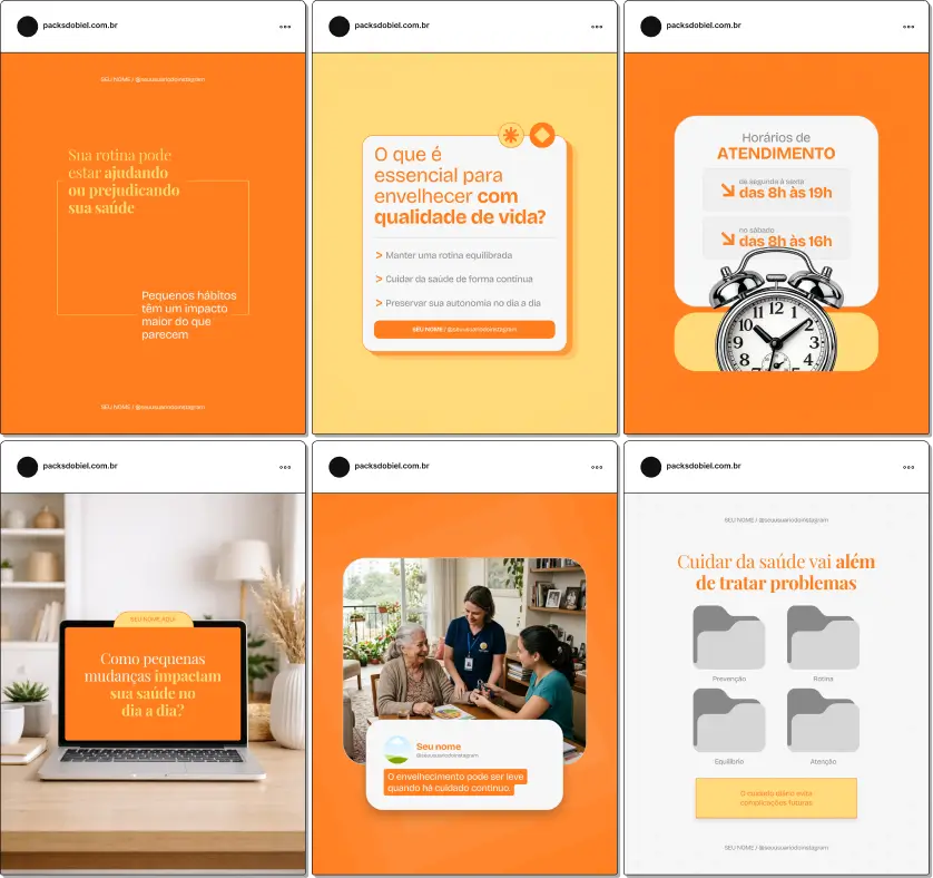 Pack de templates editáveis no Canva para profissionais de gerontologia, desenvolvido para criar conteúdos sobre saúde do idoso, bem-estar, envelhecimento saudável e cuidados multidisciplinares, mantendo um perfil organizado e educativo.