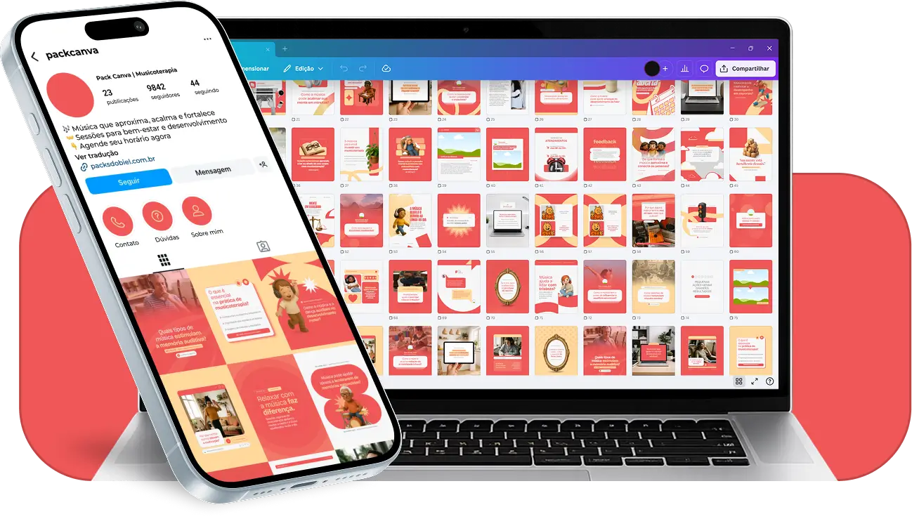 Pack de templates editáveis no Canva para musicoterapeutas que atendem crianças, adultos ou idosos, criado para facilitar posts sobre intervenção terapêutica, emoções, qualidade de vida e benefícios da música no desenvolvimento e no cuidado com a saúde.