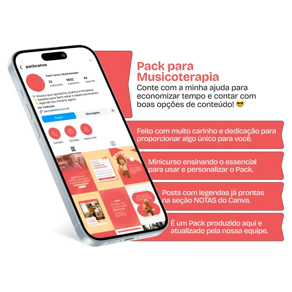 Pack de posts editáveis no Canva para musicoterapeutas que desejam criar conteúdos sobre estímulos sonoros, expressão emocional, desenvolvimento cognitivo, relaxamento e bem-estar, mantendo um feed organizado e profissional no Instagram.