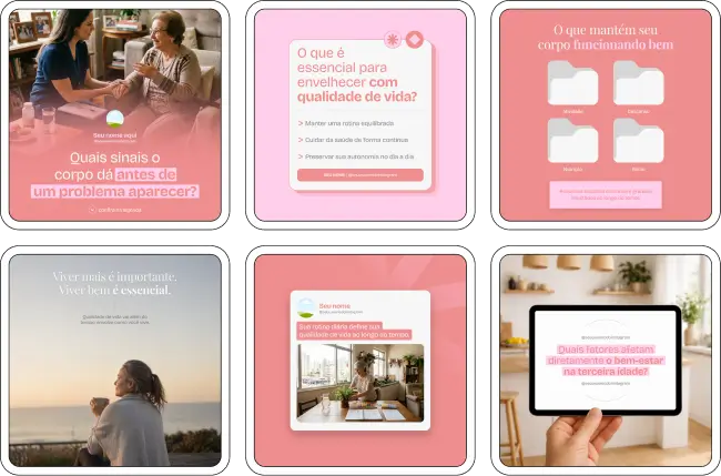 Pack de artes editáveis no Canva para profissionais de nutrição geriátrica, ideal para quem produz conteúdo sobre dietas para idosos, desnutrição, suplementação, hidratação e controle de doenças crônicas, transmitindo clareza e autoridade.