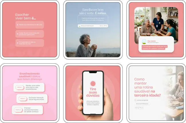 Pack de templates editáveis no Canva para nutricionistas que atendem idosos, criado para facilitar conteúdos sobre planejamento alimentar, necessidades nutricionais na terceira idade, saúde metabólica e orientações práticas para uma alimentação equilibrada.