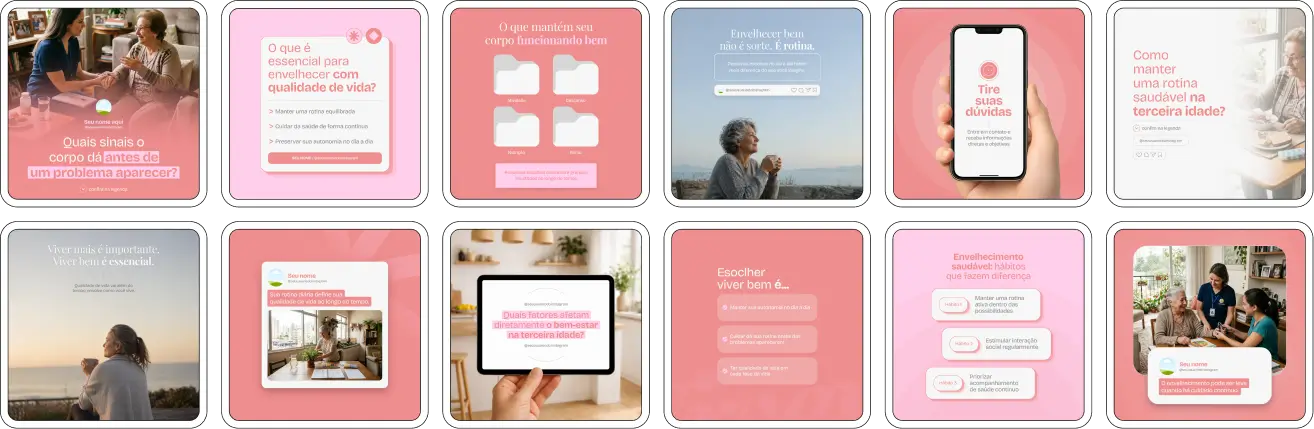 Pack de posts editáveis no Canva para nutricionistas que atuam com nutrição geriátrica, voltado para conteúdos sobre alimentação do idoso, prevenção de doenças, saúde digestiva, imunidade e qualidade de vida na terceira idade, mantendo um feed organizado e profissional no Instagram.