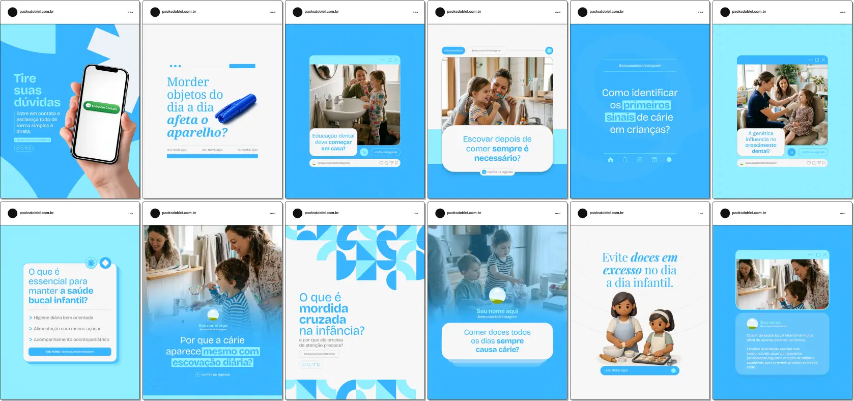 Pack de templates editáveis no Canva para dentistas que atendem crianças, criado para facilitar conteúdos sobre comportamento infantil no consultório, prevenção, acompanhamento odontológico e orientação para responsáveis.