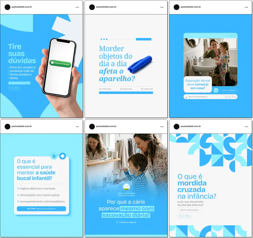 Pack de artes editáveis no Canva para profissionais de odontopediatria, ideal para quem produz conteúdo sobre higiene bucal infantil, uso de flúor, alimentação e impacto na saúde dos dentes, transmitindo clareza e confiança para os pais.