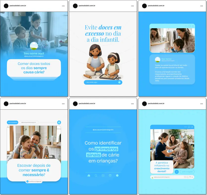Pack de posts editáveis no Canva para odontopediatras que desejam criar conteúdos sobre saúde bucal infantil, escovação correta, prevenção de cáries, primeira consulta e cuidados com dentes de leite, mantendo um feed organizado e profissional no Instagram.