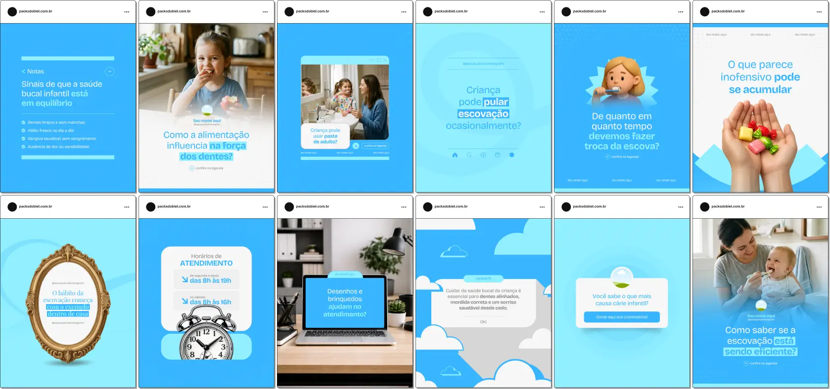 Pack de templates editáveis no Canva para profissionais de odontopediatria que buscam criar conteúdos sobre saúde oral infantil, orientação para pais, prevenção de problemas bucais e acompanhamento do crescimento dos dentes, mantendo um perfil organizado e confiável.