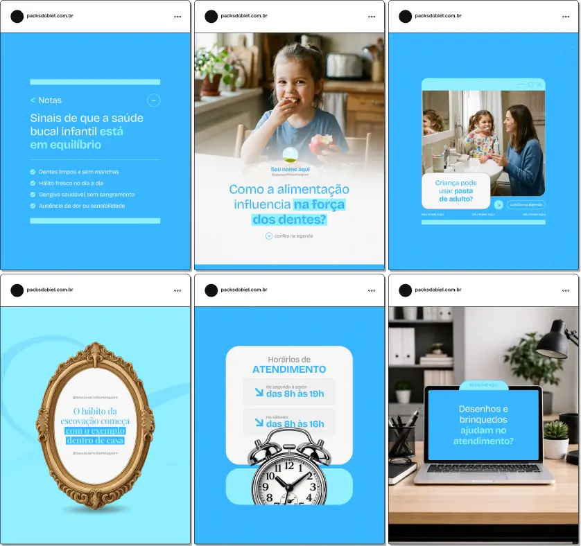 Pack de artes editáveis no Canva para clínicas de odontopediatria, ideal para conteúdos sobre consultas preventivas, selantes, aplicação de flúor, rotina de cuidados e desenvolvimento da dentição infantil.