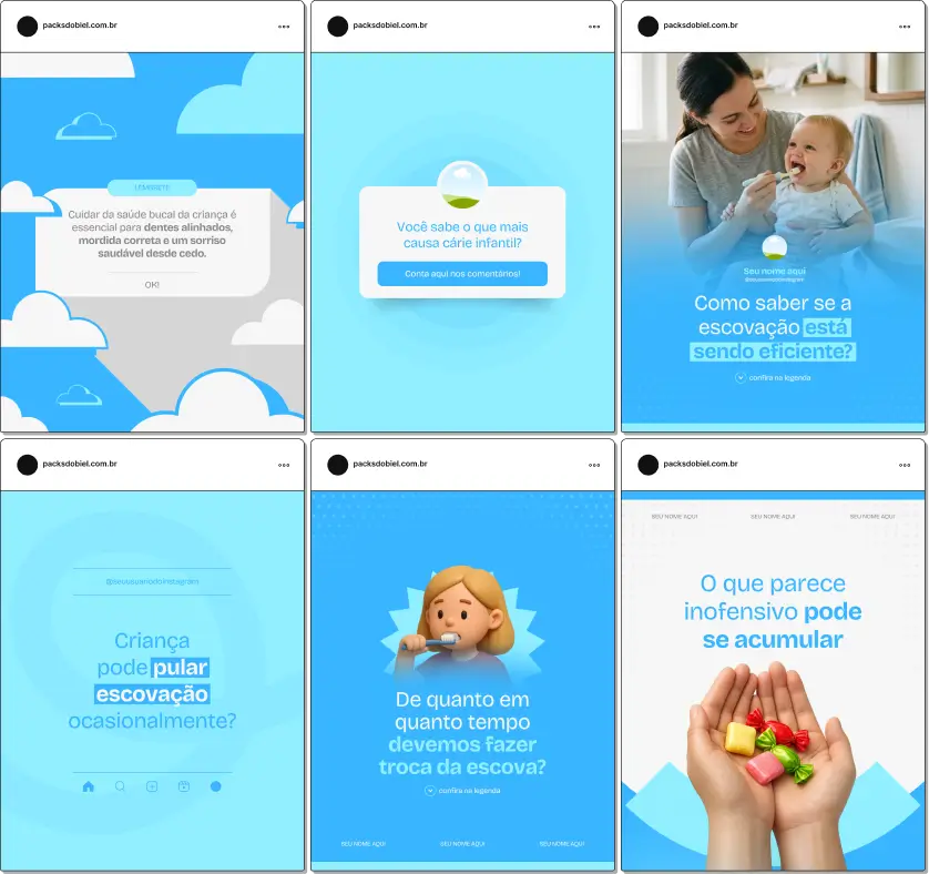 Pack de posts editáveis no Canva para odontopediatras que desejam educar pais sobre cáries, chupeta, mamadeira, troca de dentição e hábitos bucais, com uma comunicação visual didática e profissional no Instagram.
