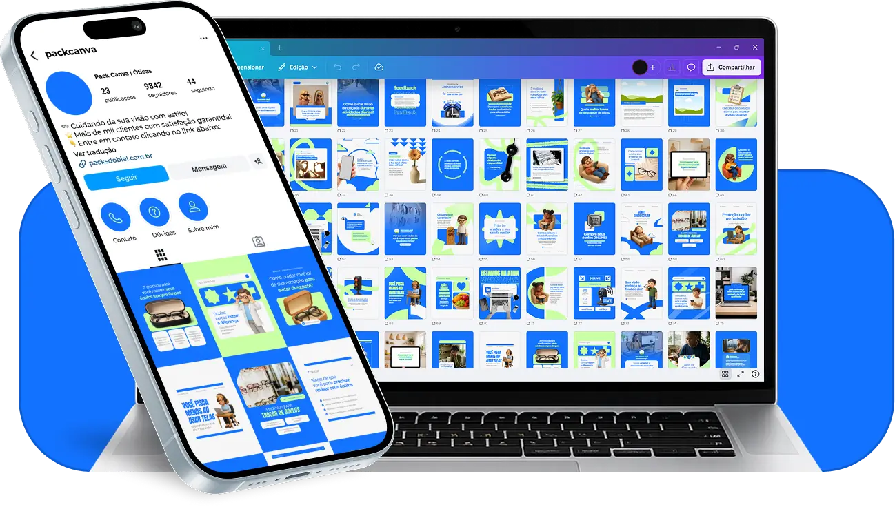 Pack de templates editáveis no Canva para profissionais do segmento óptico, criado para facilitar posts sobre correção visual, miopia, hipermetropia, astigmatismo, tipos de lentes e orientações para clientes, com comunicação clara e confiável.