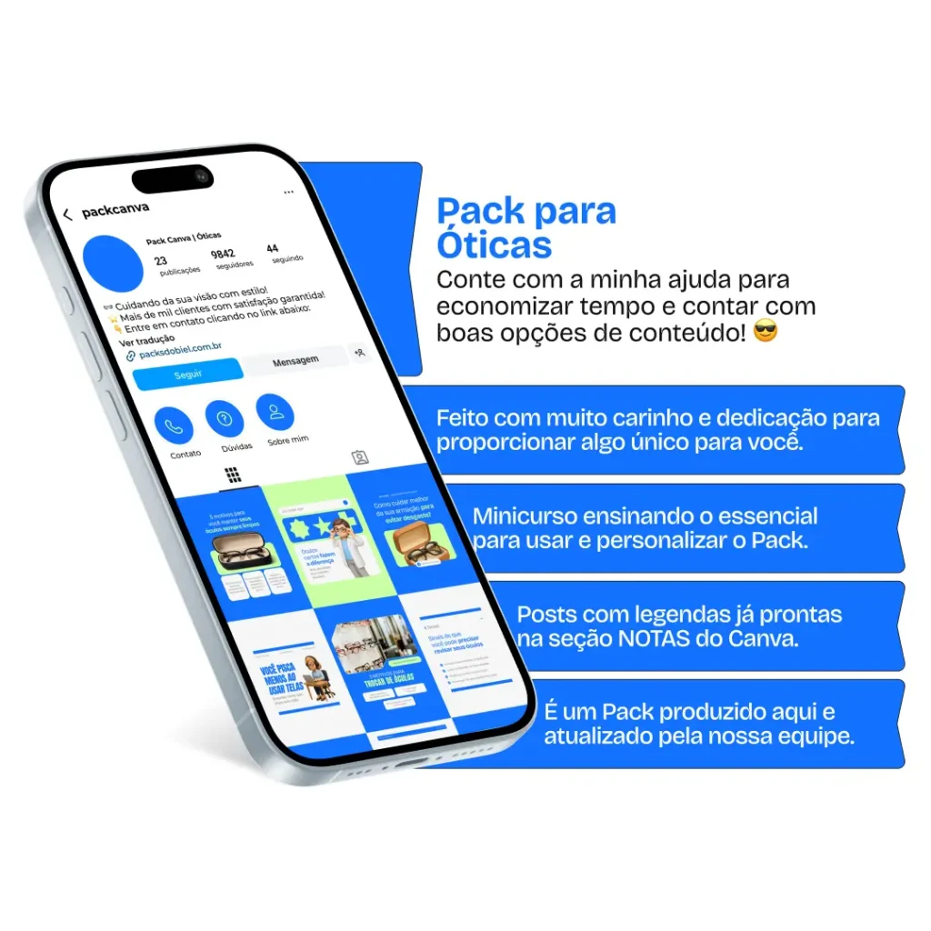 Pack de artes editáveis no Canva para óticas e lojas de óculos, ideal para quem produz conteúdos sobre lentes multifocais, proteção UV, tendências em armações, estilo e conforto visual, fortalecendo a presença digital com um visual organizado.