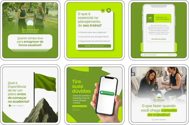 Pack de templates editáveis no Canva para personal trainer que compartilha conteúdos sobre planejamento de treino, rotina fitness, condicionamento físico, performance e consistência, facilitando um perfil organizado e atrativo para captar alunos.
