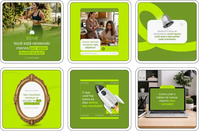 Pack de artes editáveis no Canva para profissionais de educação física, ideal para produzir conteúdos sobre musculação, treino funcional, execução correta dos exercícios, divisão de treino e evolução física.
