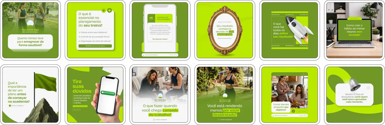 Pack de posts editáveis no Canva para personal trainer que deseja criar conteúdos sobre treino personalizado, exercícios para iniciantes, hipertrofia, emagrecimento e hábitos saudáveis, mantendo um feed profissional e estratégico no Instagram.