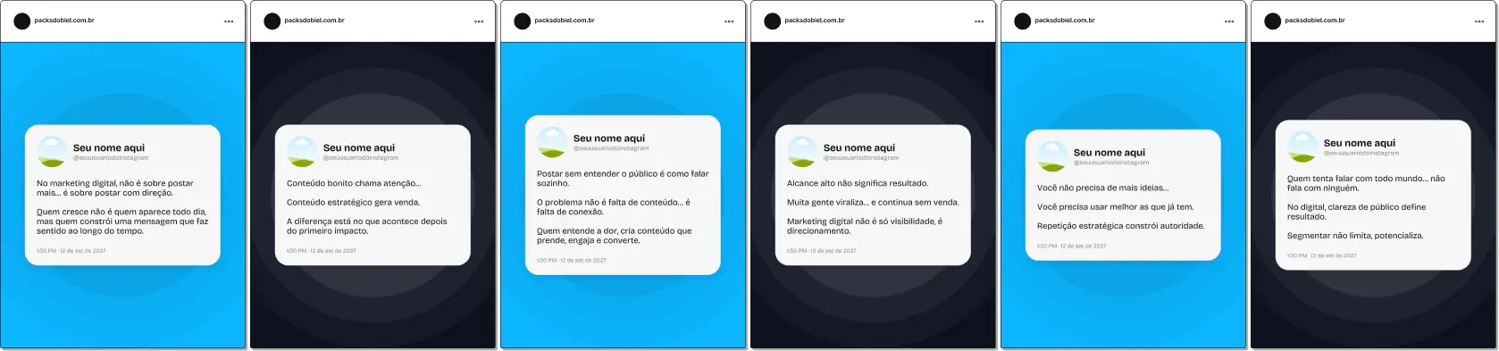 Pack de artes editáveis no Canva em formato estilo Twitter para profissionais de marketing digital, perfeito para abordar temas como funil de vendas, copywriting, tráfego pago, posicionamento e estratégias de conteúdo, com comunicação direta, moderna e de alto impacto.