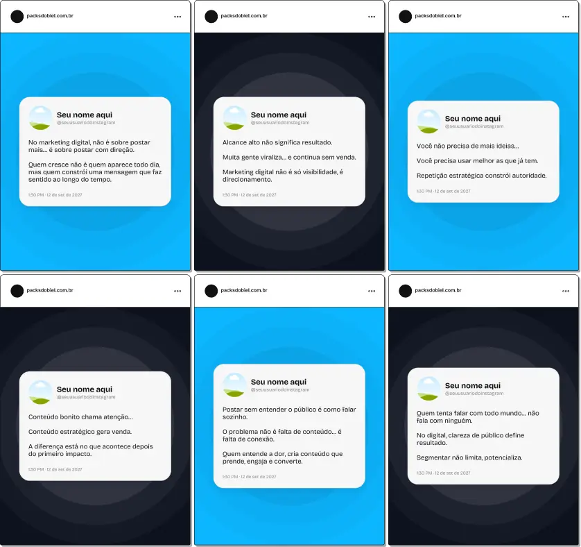 Pack de posts editáveis no Canva em estilo Twitter para marketing digital, ideal para social media, gestores de tráfego e infoprodutores que desejam criar conteúdos rápidos sobre engajamento, alcance, conteúdo estratégico, vendas online e crescimento no Instagram.