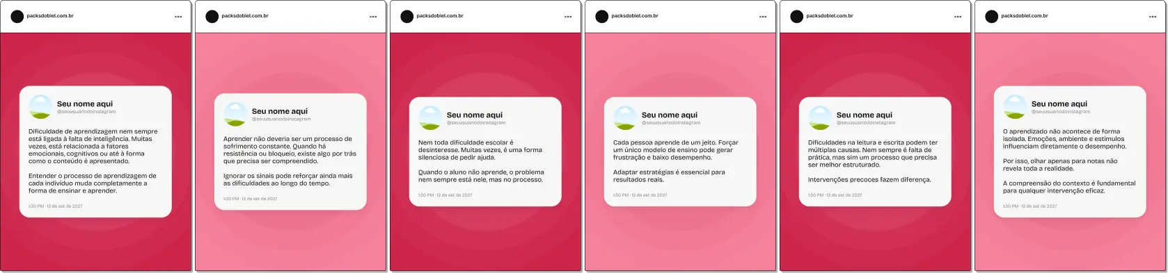 Pack de artes editáveis no Canva em formato estilo Twitter para profissionais de psicopedagogia, ideal para abordar temas como intervenção psicopedagógica, estímulos, desempenho escolar, comportamento e orientação para pais e educadores, com comunicação simples, clara e estratégica.