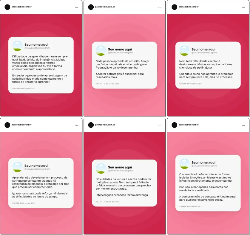 Pack de posts editáveis no Canva em estilo Twitter para psicopedagogos que desejam criar conteúdos rápidos sobre dificuldades de aprendizagem, atenção, leitura, escrita, desenvolvimento cognitivo e apoio escolar, mantendo um feed direto, educativo e de alto engajamento no Instagram.