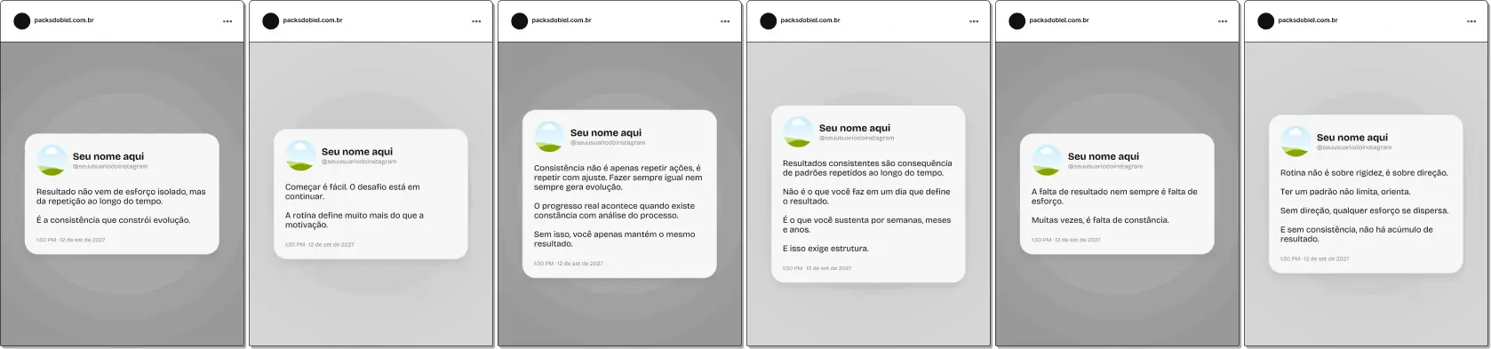 Pack de posts editáveis no Canva em estilo Twitter sobre rotina e consistência, ideal para criadores de conteúdo, coaches e profissionais que desejam compartilhar reflexões rápidas sobre disciplina, hábitos, produtividade e constância, mantendo um feed direto e de alto engajamento no Instagram.