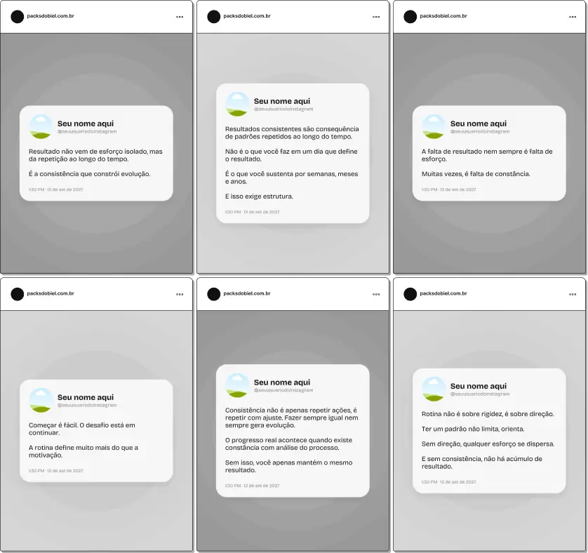 Pack de artes editáveis no Canva em formato estilo Twitter sobre rotina e consistência, criado para quem produz conteúdos sobre organização, foco, metas, execução diária e construção de resultados, com comunicação simples, estratégica e visual moderno.