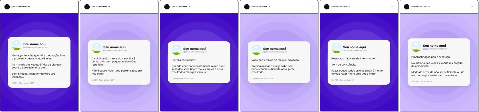 Pack de artes editáveis no Canva em formato estilo Twitter para profissionais de coaching, ideal para abordar temas como hábitos, autoconhecimento, alta performance, propósito e evolução pessoal, com comunicação simples, impactante e estratégica.