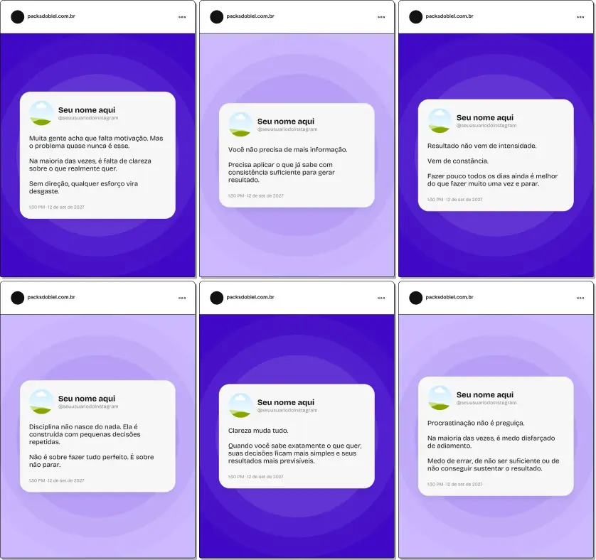 Pack de posts editáveis no Canva em estilo Twitter para coaches que desejam criar conteúdos rápidos sobre desenvolvimento pessoal, mentalidade, foco, disciplina, metas e produtividade, mantendo um feed moderno, direto e de alto engajamento no Instagram.