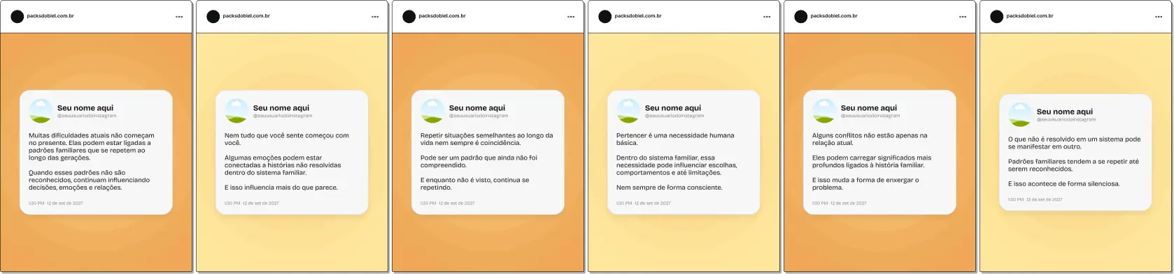 Pack de posts editáveis no Canva em estilo Twitter para terapeutas de constelação familiar, ideal para criar conteúdos rápidos sobre relações familiares, padrões repetitivos, vínculos, dinâmicas sistêmicas e autoconhecimento, mantendo um feed direto e de alto engajamento no Instagram.