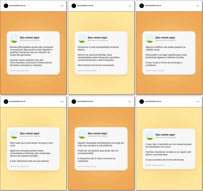 Pack de artes editáveis no Canva em formato estilo Twitter para profissionais que trabalham com constelação familiar, perfeito para abordar temas como conflitos familiares, emoções, pertencimento, equilíbrio nas relações e consciência sistêmica, com comunicação simples, clara e estratégica.