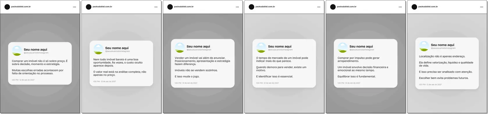 Pack de posts editáveis no Canva em estilo Twitter para corretores de imóveis, ideal para criar conteúdos rápidos sobre compra e venda de imóveis, financiamento, valorização imobiliária, documentação e oportunidades de mercado, mantendo um feed direto e de alto engajamento no Instagram.