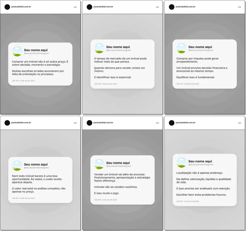 Pack de artes editáveis no Canva em formato estilo Twitter para profissionais do mercado imobiliário, perfeito para abordar temas como investimento em imóveis, negociação, visitas, lançamentos, crédito imobiliário e dicas para compradores e vendedores, com comunicação simples, clara e estratégica.