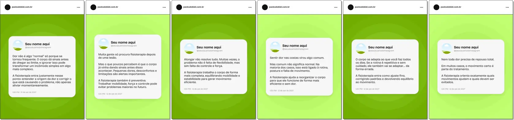 Pack de posts editáveis no Canva para fisioterapeutas que desejam criar conteúdos sobre reabilitação, dor muscular, postura, mobilidade, fortalecimento e prevenção de lesões, mantendo um feed organizado e profissional no Instagram.