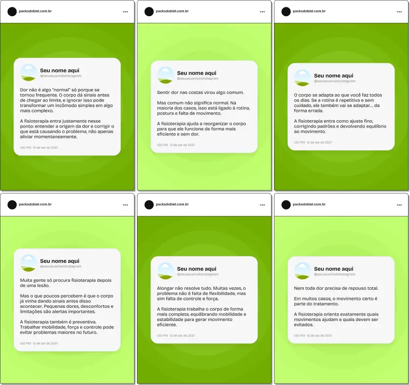 Pack de artes editáveis no Canva para profissionais de fisioterapia, ideal para quem produz conteúdos sobre tratamento de dores, recuperação funcional, exercícios terapêuticos, qualidade de vida e orientação para pacientes, com comunicação clara e visualmente atrativa.