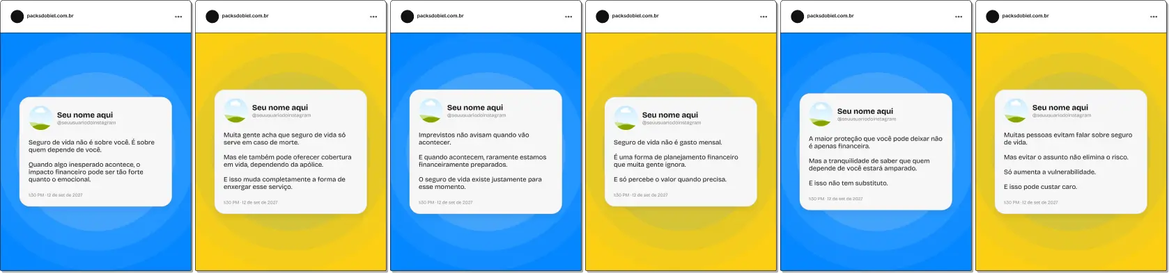 Pack de artes editáveis no Canva em formato estilo Twitter para profissionais do mercado de seguros, perfeito para abordar temas como apólice, indenização, proteção de renda, tranquilidade financeira e planejamento de longo prazo, com comunicação simples, clara e estratégica.