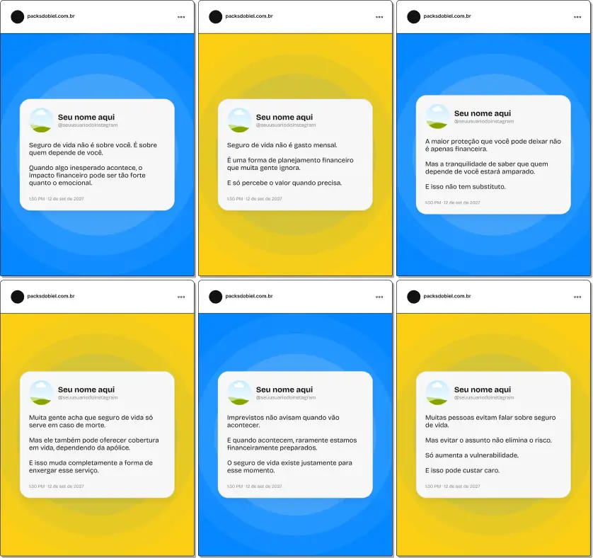 Pack de posts editáveis no Canva em estilo Twitter para corretores de seguro de vida, ideal para criar conteúdos rápidos sobre proteção financeira, planejamento familiar, cobertura, beneficiários e segurança no futuro, mantendo um feed direto e de alto engajamento no Instagram.