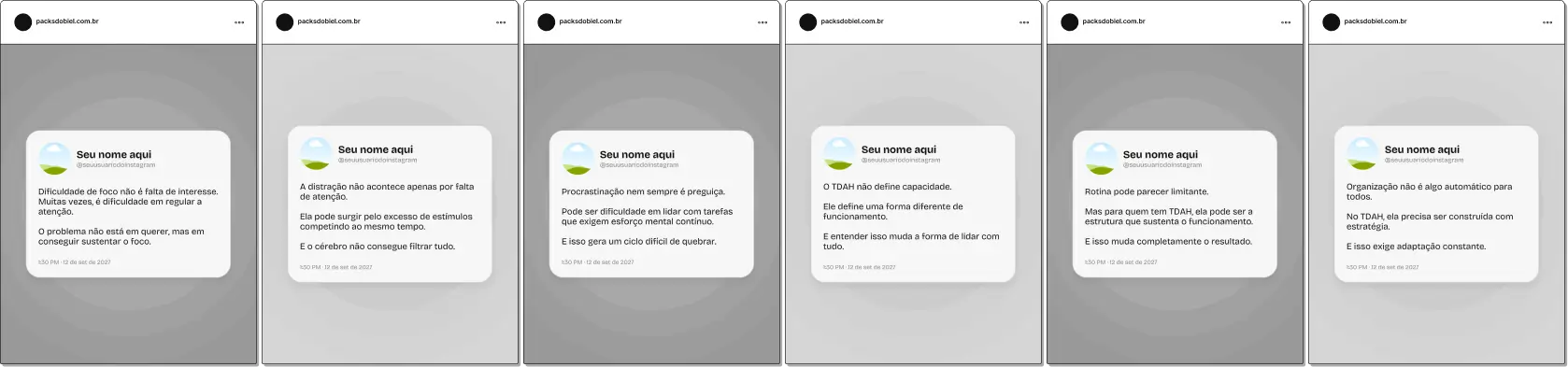 Pack de posts editáveis no Canva em estilo Twitter para psicólogos e profissionais de saúde mental que trabalham com TDAH, ideal para criar conteúdos rápidos sobre foco, atenção, impulsividade, organização, rotina e estratégias de manejo, mantendo um feed direto e de alto engajamento no Instagram.