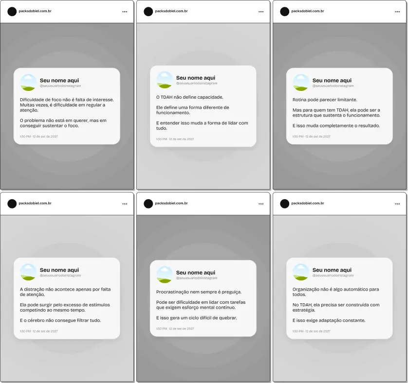 Pack de artes editáveis no Canva em formato estilo Twitter para profissionais que produzem conteúdo sobre TDAH infantil e adulto, perfeito para abordar temas como produtividade, regulação emocional, hábitos, planejamento e desafios do dia a dia, com comunicação simples, clara e estratégica.