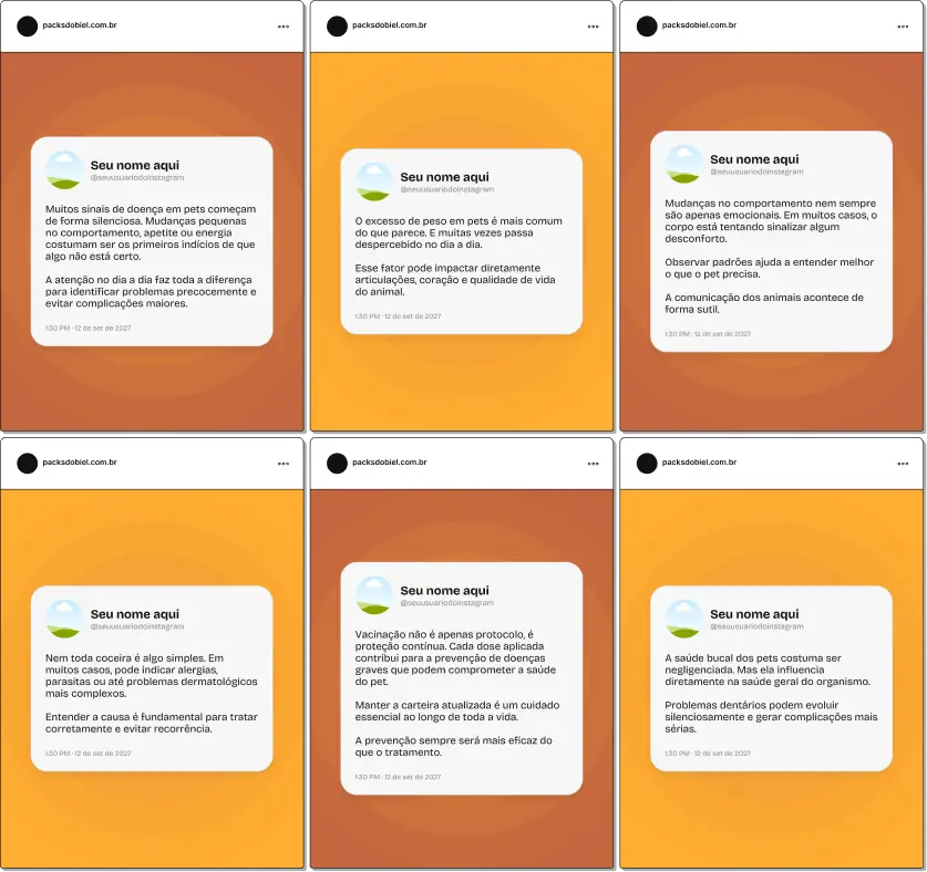 Pack de posts editáveis no Canva em estilo Twitter para veterinários e clínicas veterinárias, ideal para criar conteúdos rápidos sobre saúde animal, vacinas, consultas, cuidados com pets, prevenção de doenças e orientação para tutores, aumentando o engajamento no Instagram.