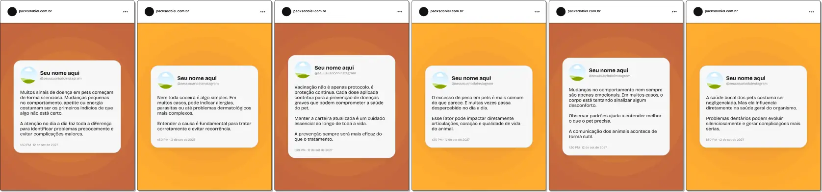 Pack de artes editáveis no Canva em formato estilo Twitter para profissionais de medicina veterinária, perfeito para abordar temas como nutrição animal, comportamento pet, check-up, bem-estar de cães e gatos e dicas práticas para o dia a dia dos tutores, com comunicação direta e atrativa.