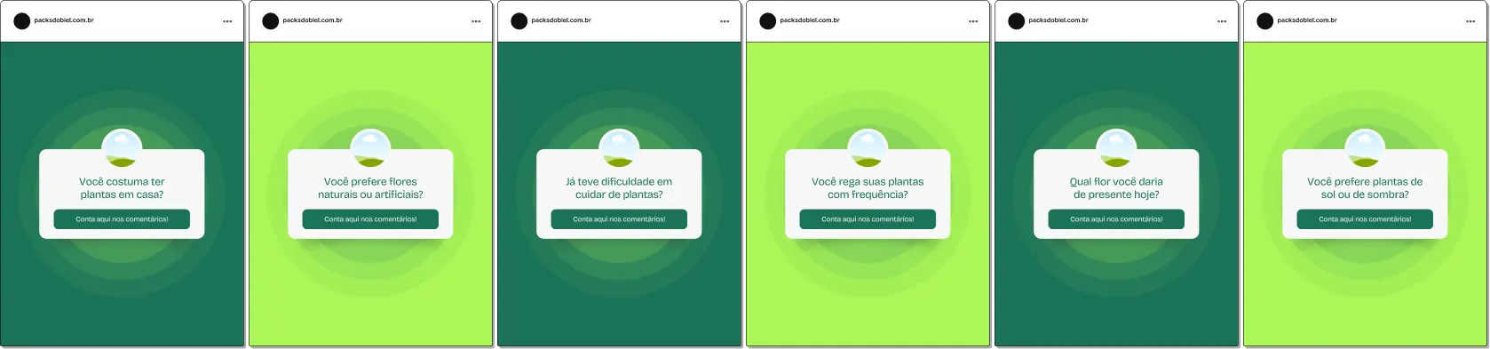 Pack de artes editáveis no Canva com caixinha de perguntas para floricultura, criado para profissionais que produzem conteúdos sobre arranjos florais, plantas ornamentais, cultivo, manutenção e dicas práticas para o dia a dia, com comunicação clara, leve e interativa.